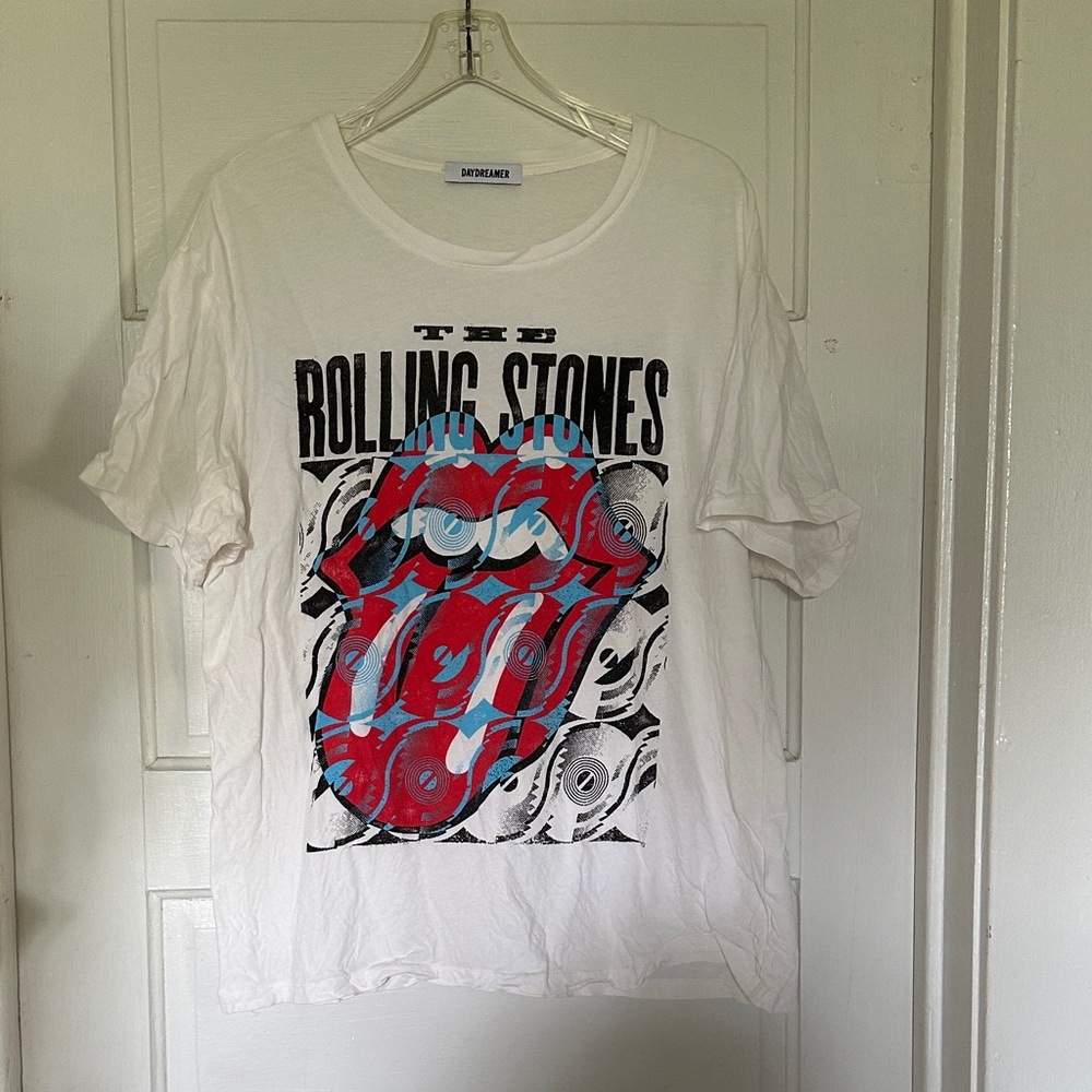 Daydreamer White Rolling Stones Graphic Tee with Red and Blue Tongue
